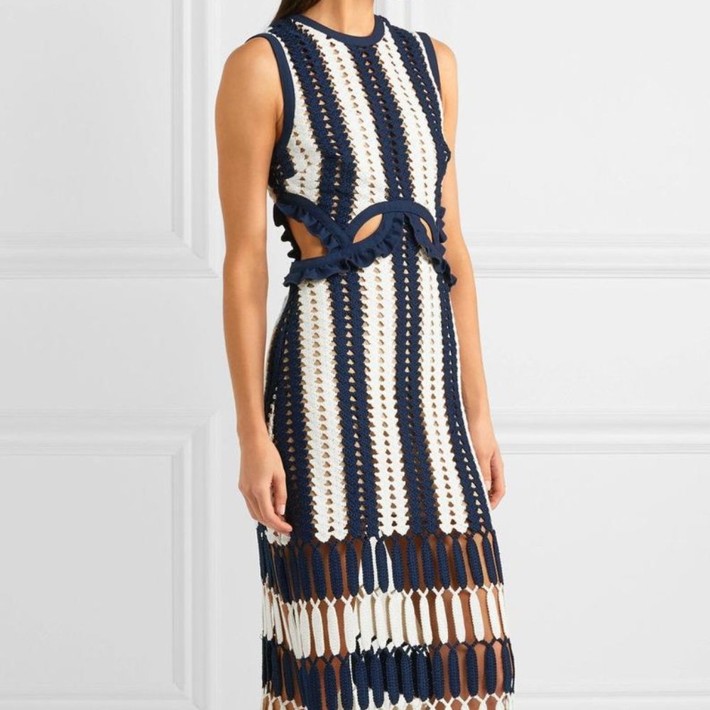 Navy Blue & White Crochet Knit Midi Dress L